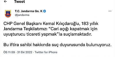 Kılıçdaroğlu'nun 'uyuşturucu' paylaşımı ve Jandarma'dan tepki