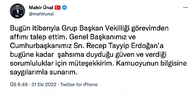 Mahir Ünal, AK Parti Grup Başkanvekilliğinden ayrıldı